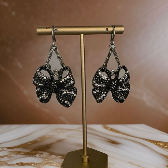 Antique finish rhinestone bow earrings - Picture 1 of 2